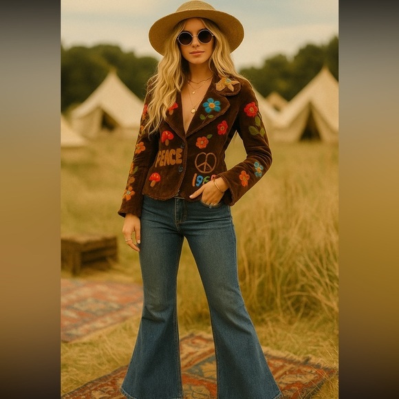 Pepper 1970’s brown corduroy embroidered button up blazer jacket small - Picture 3 of 8